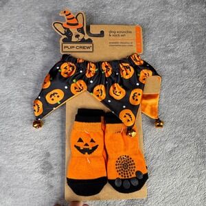 Pup Crew Dog Scrunchie  Sock Set M/L Orange Halloween Pumpkin Jester Jingle Bell